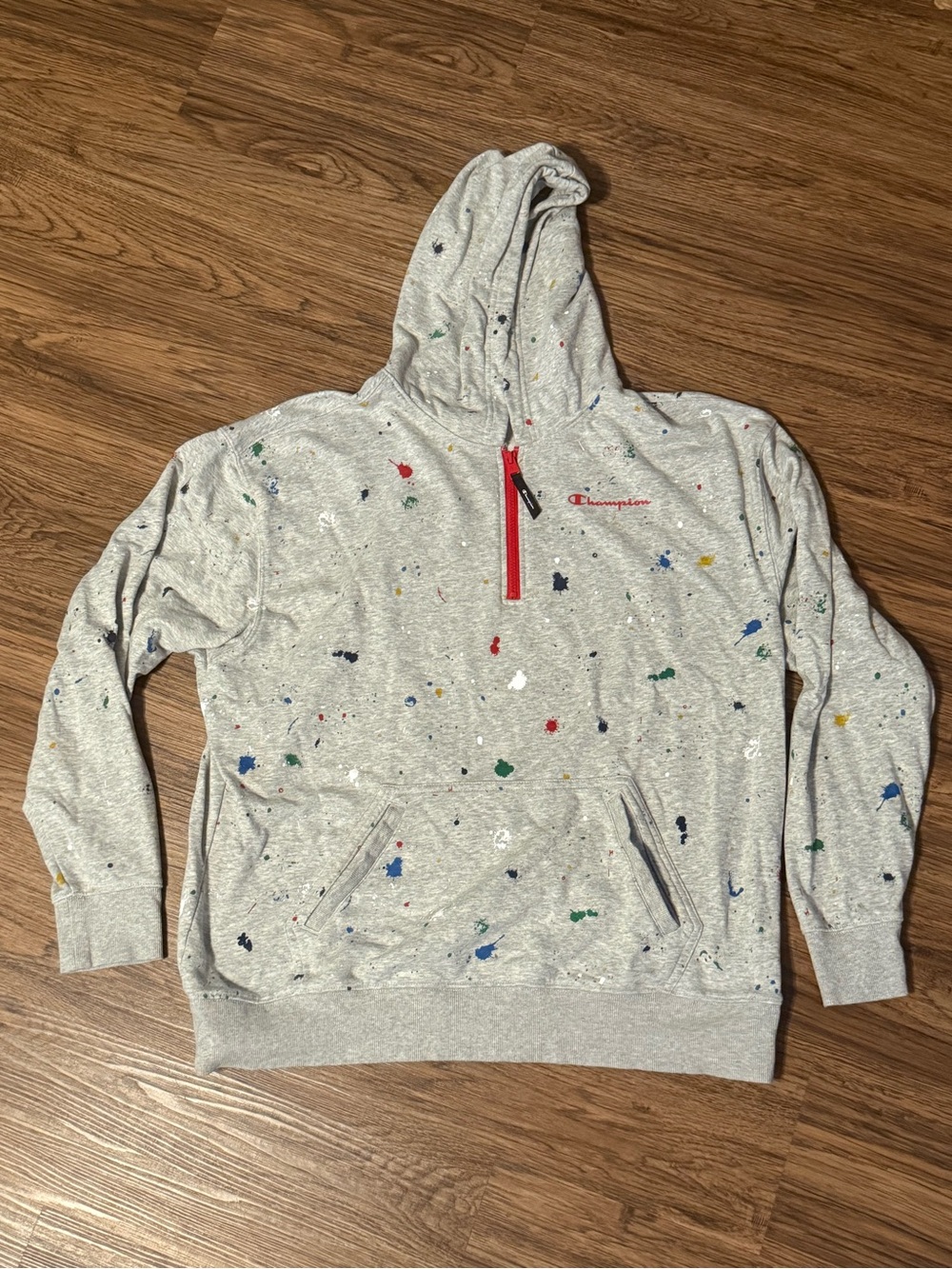 Champion Light Gray Paint-Splatter Quarterzip Pullover Hoodie in Size XL